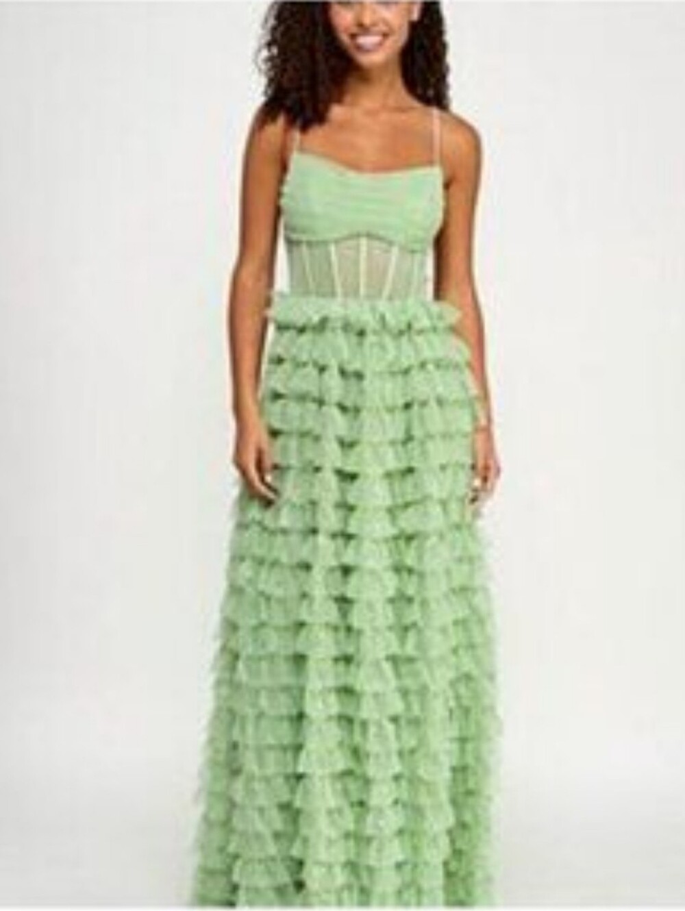 Light Green Ruffle Tulle Maxi Dress